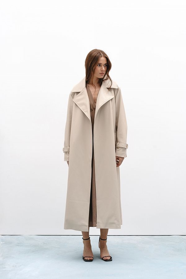 Trencz maxi z eko-skóry na zamszu bez naszywek jasnobeżowy trencz04/01 #RU#  trencz04/01 № 2