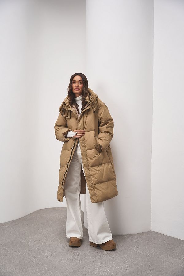 Długa kurtka puchowa z kapturem beżowa 240906/3 № 4