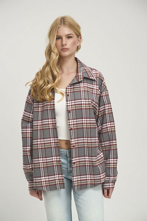 Koszula oversize w kratę z krzyształkami szara z czerwonym