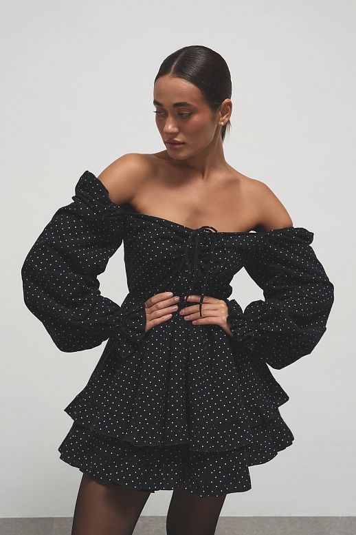 Sukienka z ciepłej bawełny czarna w groszki