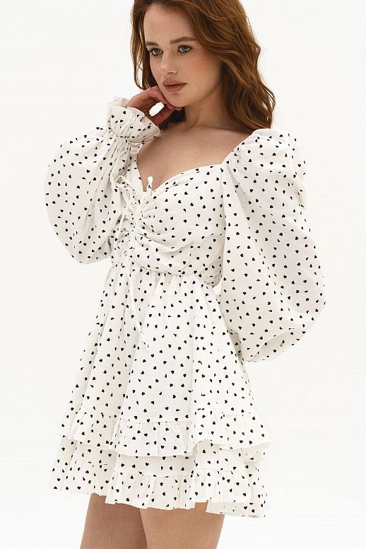 Sukienka z ciepłej bawełny biała w czarne serduszka