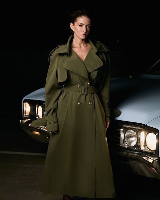 Trench maxi z bawełny oliwkowym
