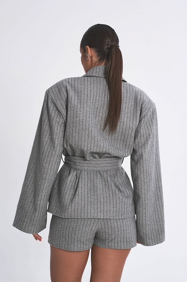 Wełniana marynarka z paskiem szara maryn12/02 № 3