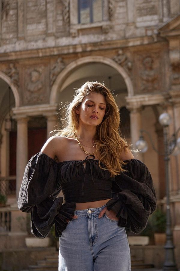 Top muślinowy czarny D0223/4 #RU# Czarny muślinowy top D0223/4 № 1