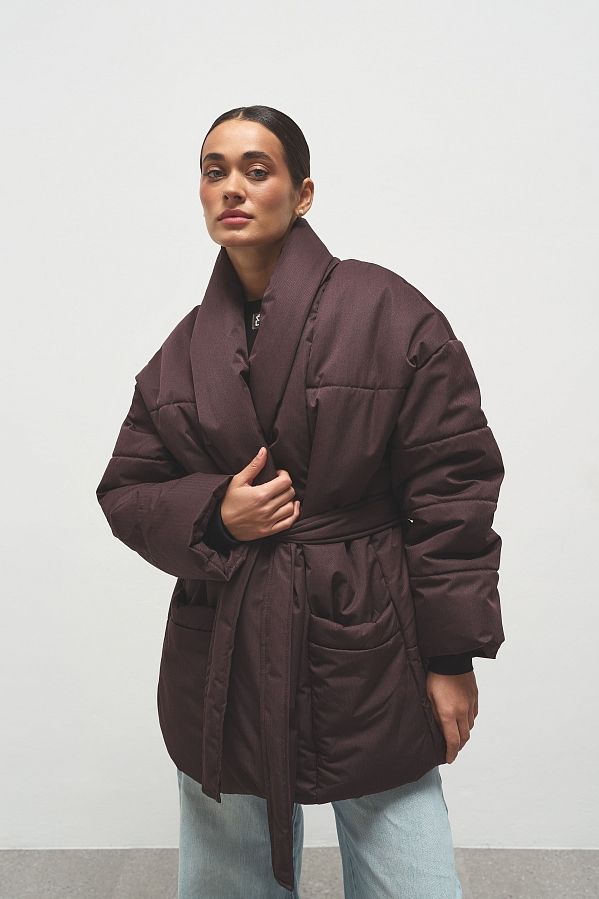 Kurtka puchowa przedłużona z paskiem bordowa kurtkapuch17/12 № 2