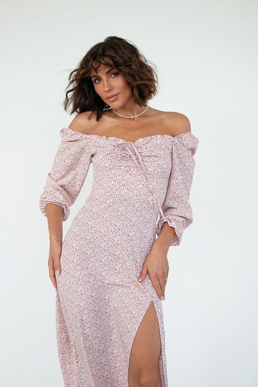 Sukienka midi z rozcięciem, długim rękawem, w kolorze beżowym - №2