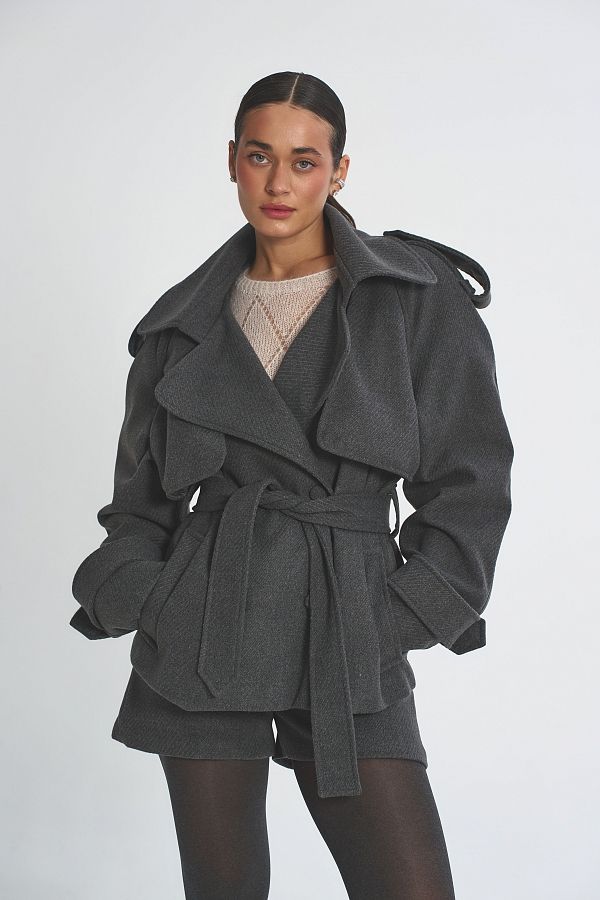 Krótki płaszcz z paskiem szary plaszczkr11/04 № 3