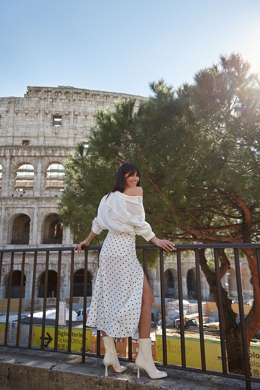 Spódnica midi z rozcięciem w duże kropki biała - №2