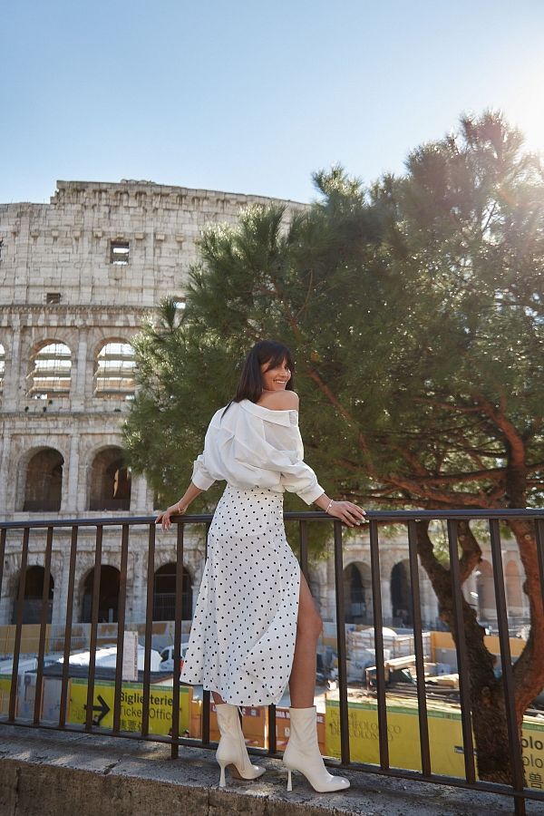 Spódnica midi z rozcięciem w duże kropki biała SP001/6 #RU# Spódnica midi w białe kropki SP001/6 № 2