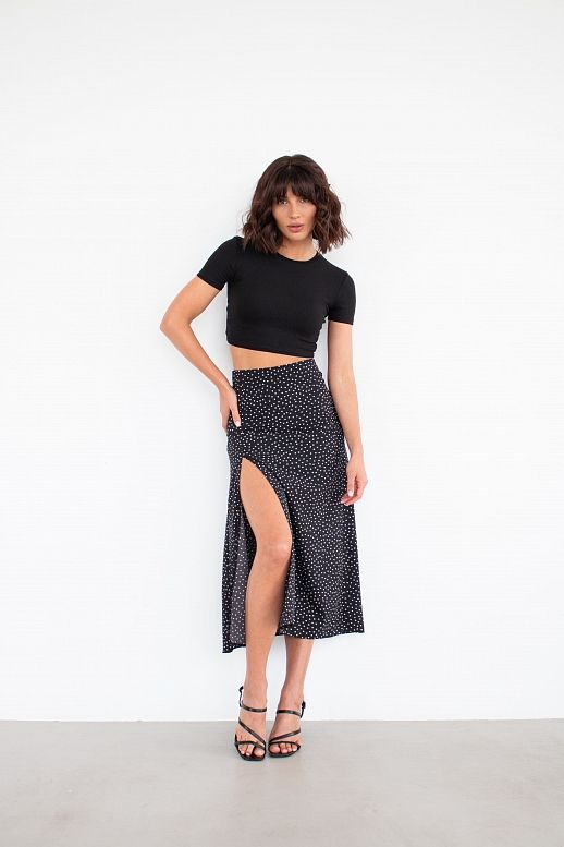 Spódnica midi z rozcięciem czarna w duże groszki