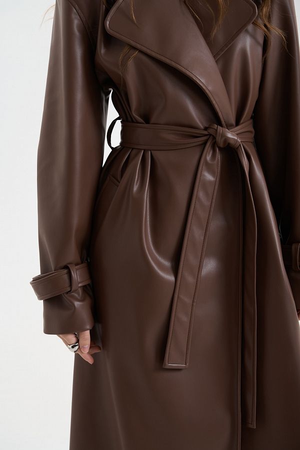 Trencz maxi z eko-skóry na zamszu bez naszywek brązowy trenc1235 #RU#  trenc1235 № 5