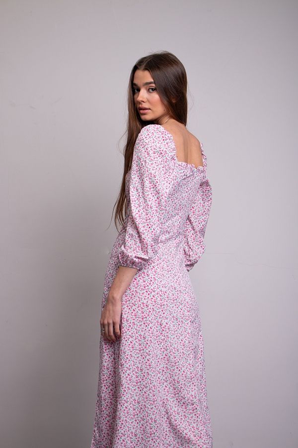 Sukienka midi z rozcięciem, długim rękawem, mleczna w różowe kwiatki D0521DR/5 № 1