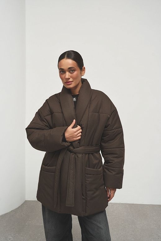 Kurtka puchowa przedłużona z paskiem chekoladowa