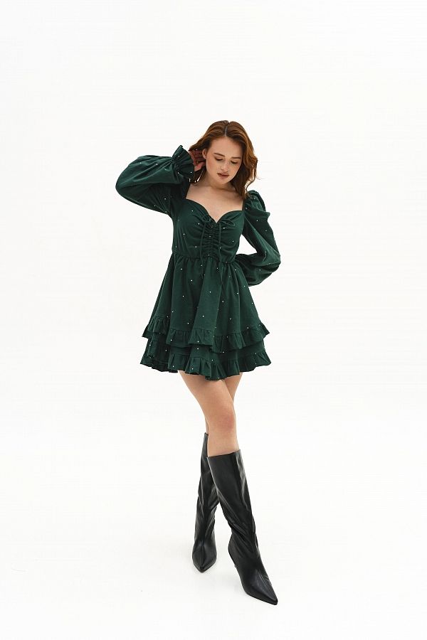 Sukienka z ciepłej bawełny ciemnozielona w groszki ciep15/11 № 1