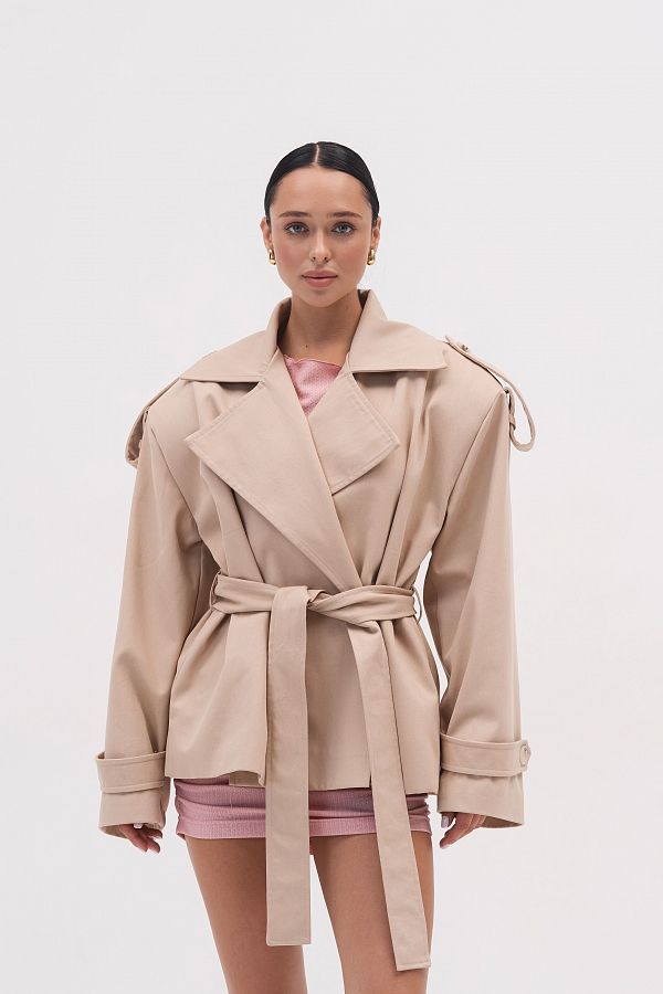 Beżowy przycięty bawełniany trencz prem29/05 № 1