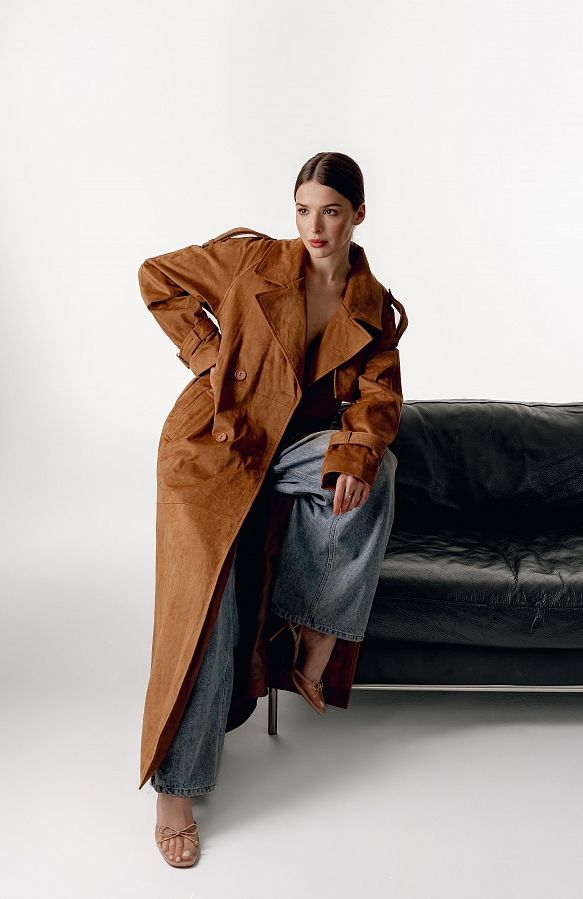 Trencz zamszowy maxi z podszewką rudy zam27/03 № 2