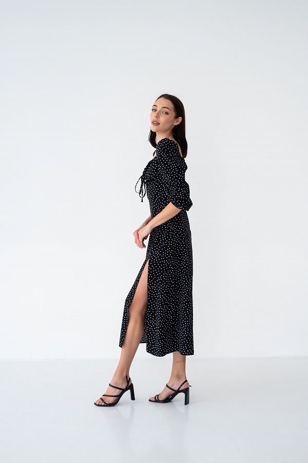 Sukienka midi z rozcięciem, długim rękawem, czarna w czarny groszki D0521DR/1 № 3
