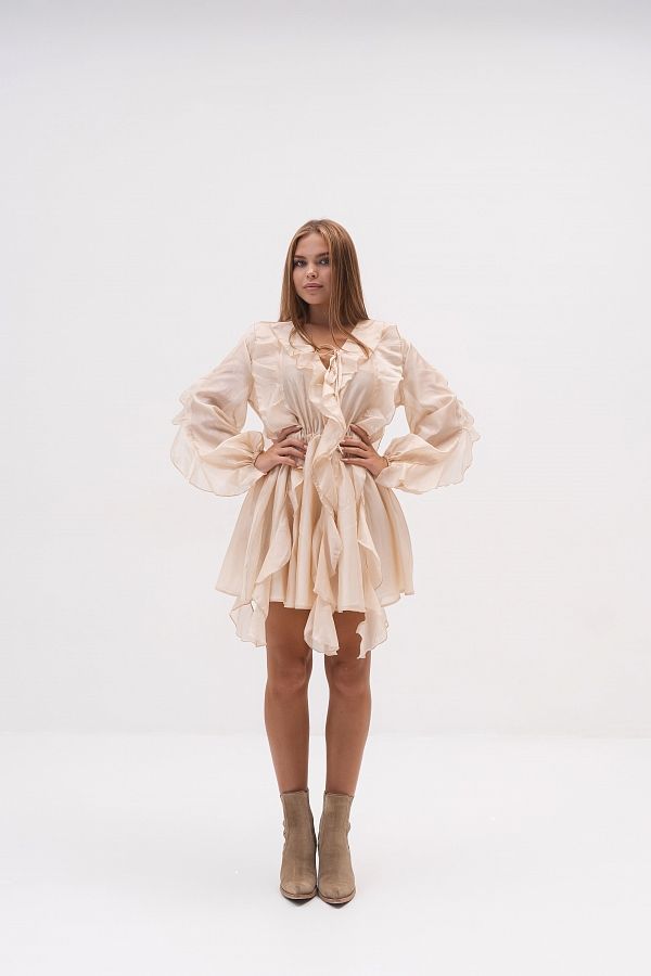 Sukienka z długim rękawem i welonem beżowa sukienka01/09 № 3