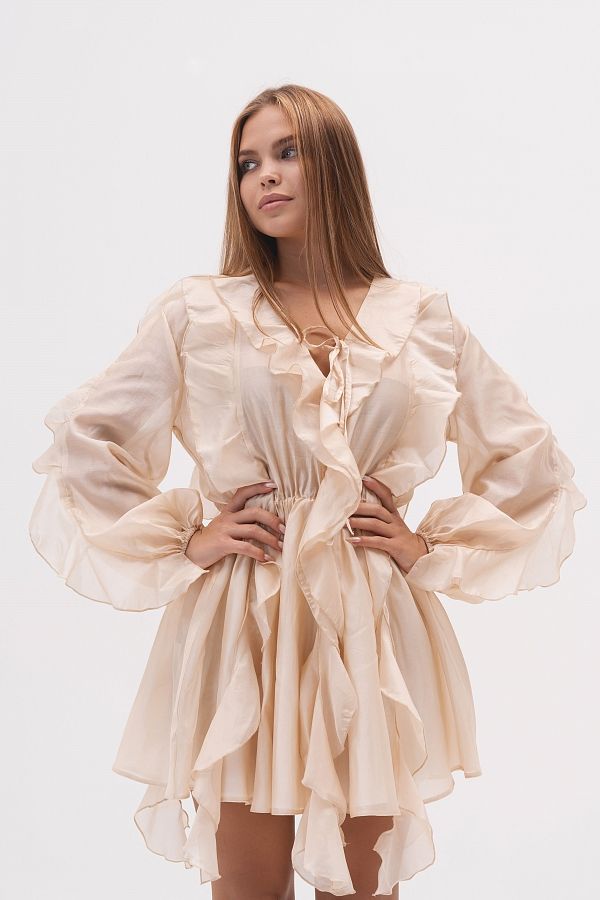 Sukienka z długim rękawem i welonem beżowa sukienka01/09 № 1