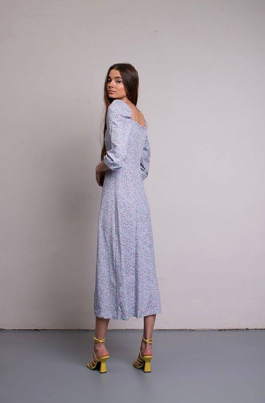 Sukienka midi z rozcięciem, długim rękawem, w kolorze niebieskim z różowym kwiatkiem - №2