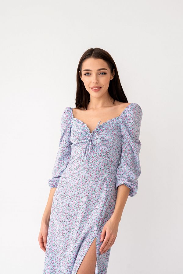 Sukienka midi z rozcięciem, długim rękawem, w kolorze niebieskim z różowym kwiatkiem D0521DR/4 № 4