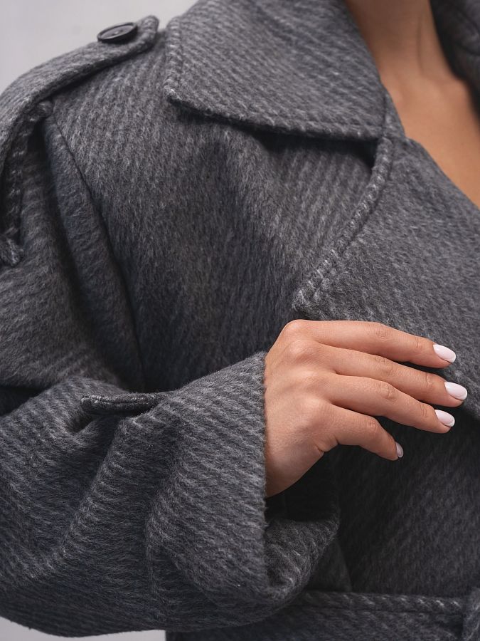 Krótki płaszcz z paskiem i zatrzaskami szary płaszcz01/10 № 2