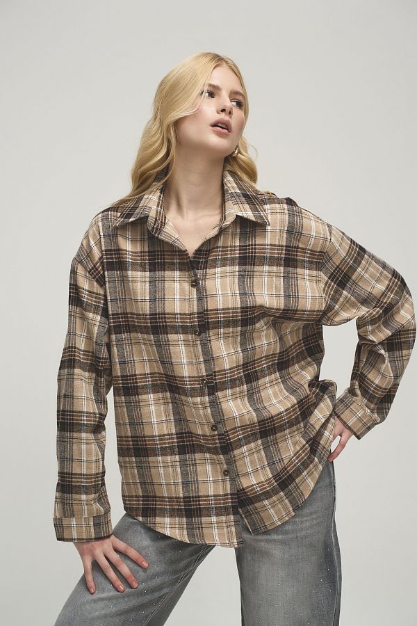 Koszula oversize w kratę beżowa z brązowym koszula21/04 #RU#  koszula21/04 № 3