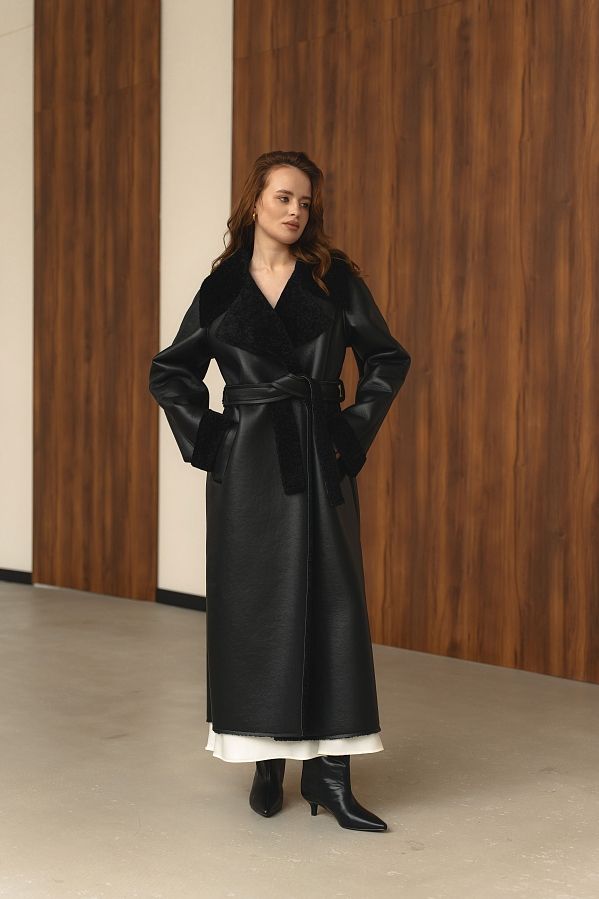 Kożuch z paskiem czarny z czarnym futrem ВАПРЕ/0212 № 3