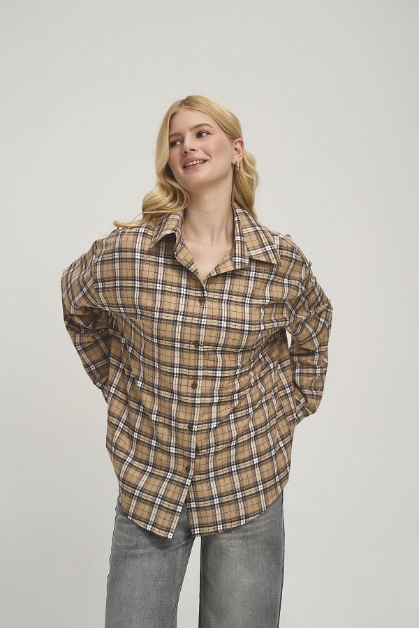 Koszula oversize w kratę z krzyształkami beżowa koszula1804 #RU#  koszula1804 № 1