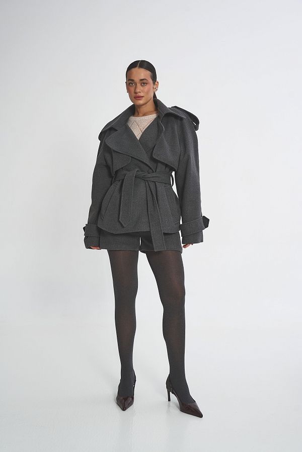 Krótki płaszcz z paskiem szary plaszczkr11/04 № 4