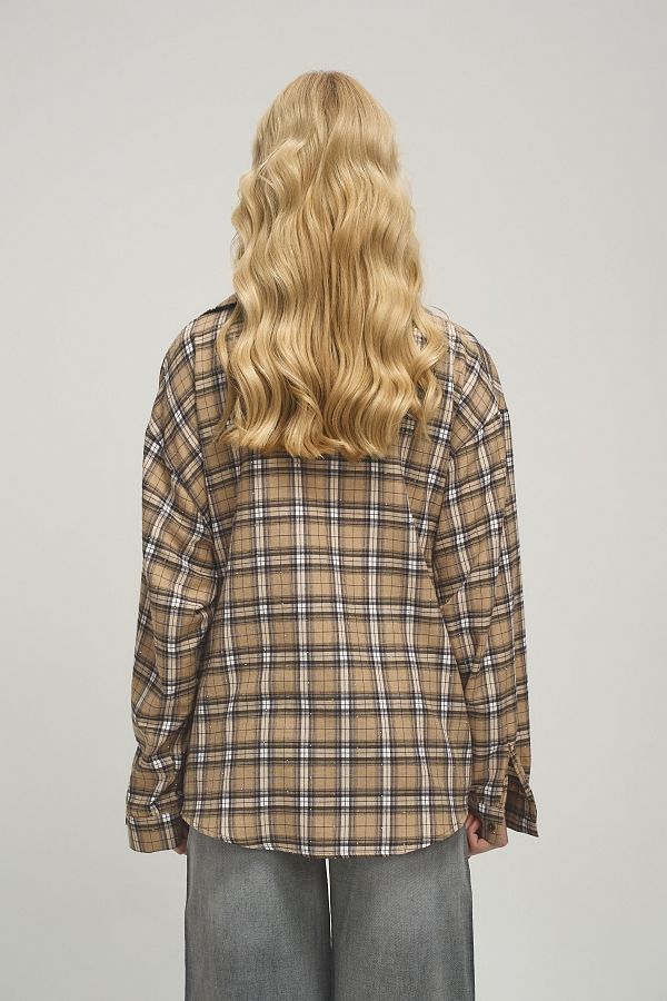 Koszula oversize w kratę z krzyształkami beżowa koszula1804 #RU#  koszula1804 № 2