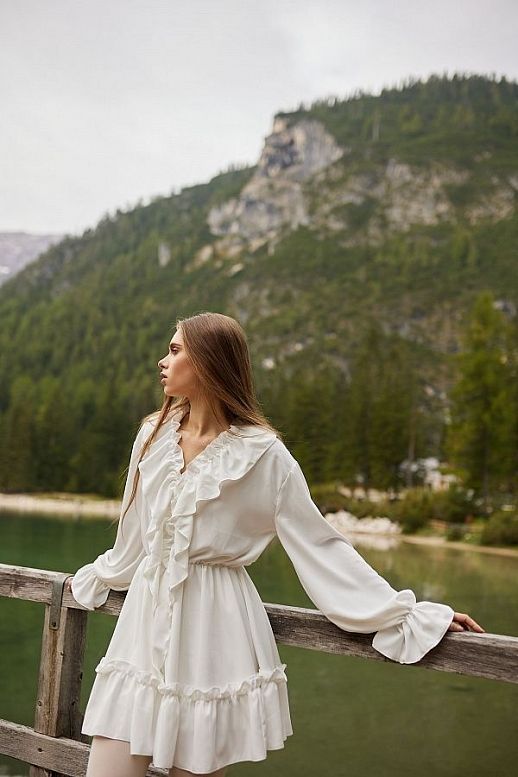 Sukienka mini z falbankami mleczna - №2