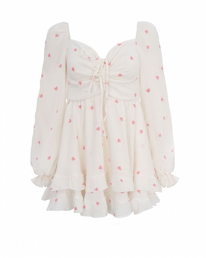Muślinowa sukienka mini z falbankami biała w różowe serduszka D00923/11 № 3