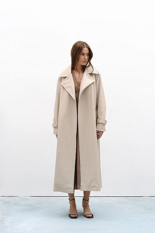 Trencz maxi z eko-skóry na zamszu bez naszywek jasnobeżowy - №2