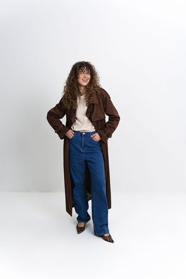 Zamszowy trencz z podszewką czekoladowy 170001 #RU# Brązowy, zamszowy, krótki trencz z eko skóry 170001 № 3