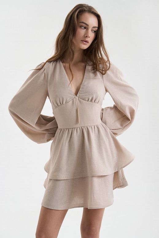 Lniana sukienka z podwójną spódnicą beżowa