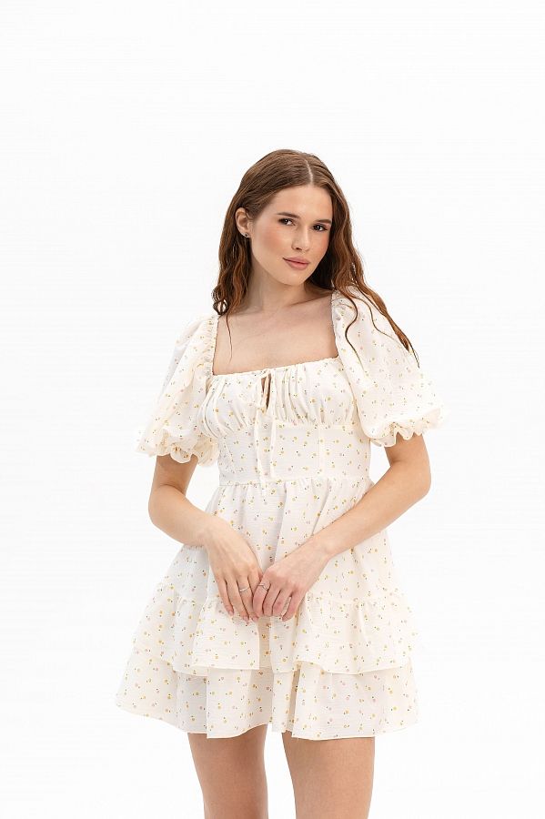 Bawełniana sukienka z krótkimi bufiastymi rękawami mleczna w mikro kwiaty bufiast30/05 № 3