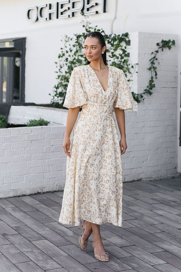 Sukienka midi z prostą spódnicą mleczna w złote kwiaty prost01/08 № 4