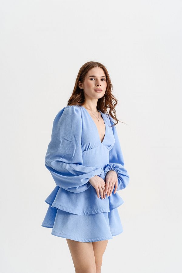 Lniana sukienka z podwujną spódnicą błękitna Lnian16/04 № 3