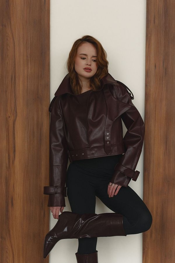 Krótki trrencz z eko-skóry bordowy Prem15/10 № 2