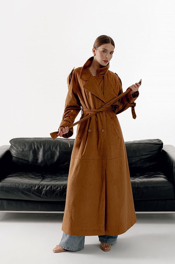 Trencz zamszowy maxi z podszewką rudy zam27/03 № 3