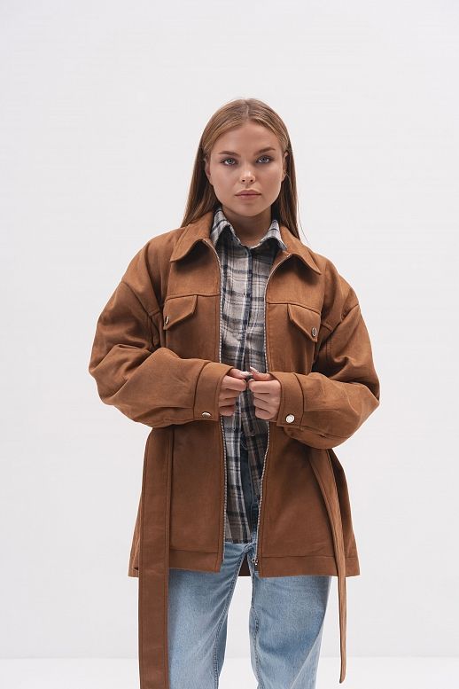 Zamszowa kurtka z zamkiem i paskiem ruda