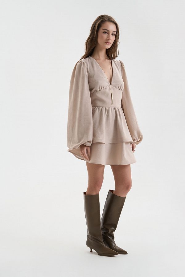 Lniana sukienka z podwójną spódnicą beżowa Lnian32142 № 2