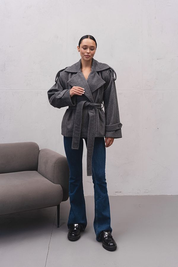 Krótki płaszcz z paskiem i zatrzaskami szary płaszcz01/10 № 3