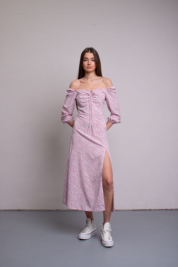 Sukienka midi z rozcięciem, długim rękawem, mleczna w różowe kwiatki D0521DR/5 № 3