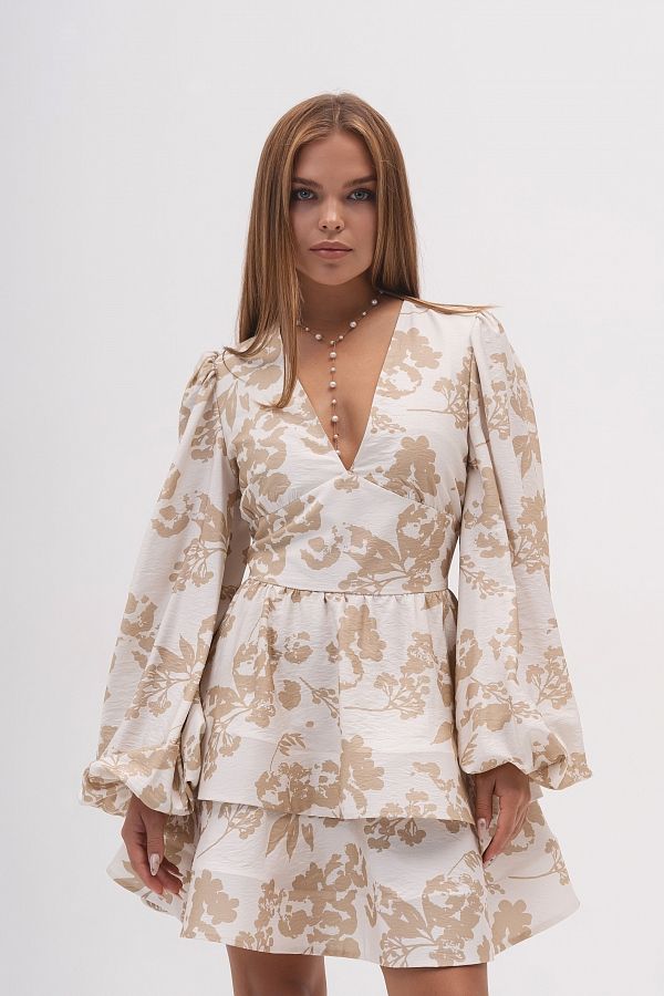 Sukienka z miękkiego creponu z długim rękawem mleczn w beżowe kwiaty crep01/10 № 4