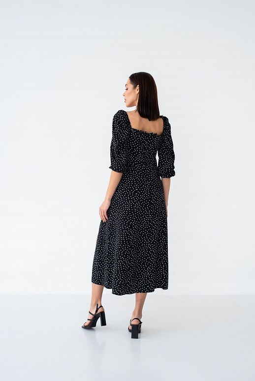 Sukienka midi z rozcięciem, długim rękawem, czarna w czarny groszki - №2