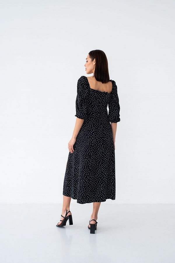 Sukienka midi z rozcięciem, długim rękawem, czarna w czarny groszki D0521DR/1 № 2