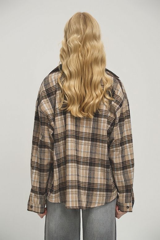 Koszula oversize w kratę beżowa z brązowym