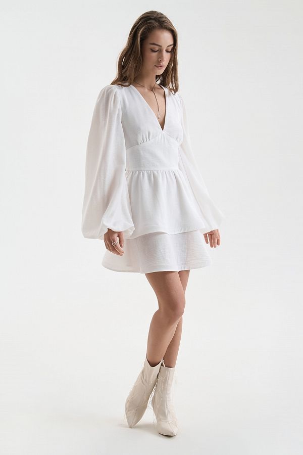 Lniana sukienka z podwójną spódnicą mleczna Lnian32141 № 2